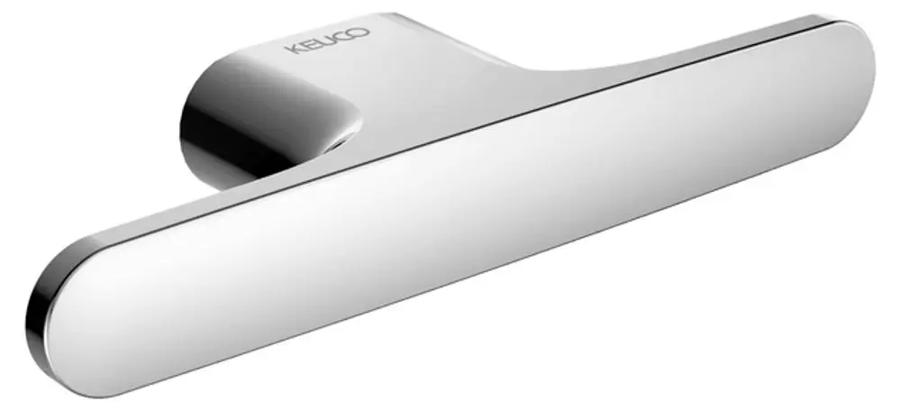 Handtuchhaken aus verchromtem Metall von Keuco, mit einer glatten, flachen Oberflächenform und einer halbrunden Wandbefestigung, geeignet zur Befestigung von Handtüchern.